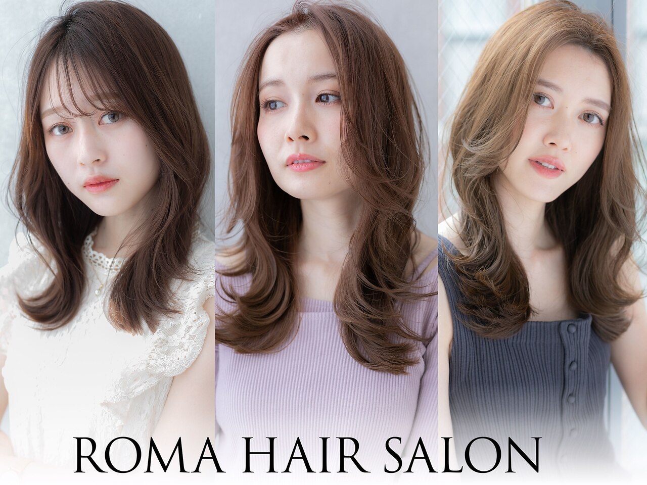 銀座の美容室によるデジタルパーマの仕上がり比較。ゆるふわカールのロングとミディアムヘアを並べたスタイル写真。