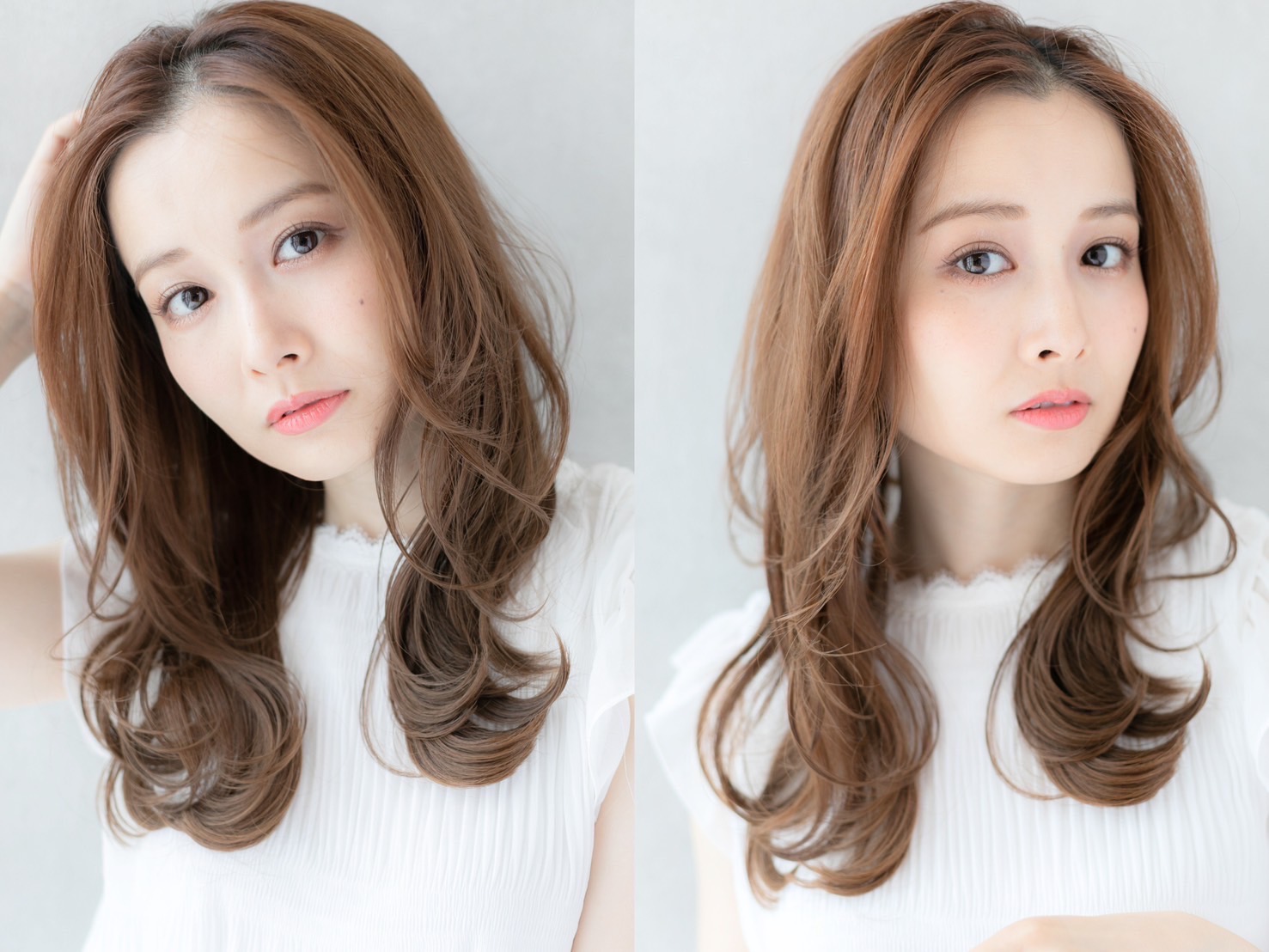 デジタルパーマで柔らかく仕上げたロングレイヤー。毛先が自然に内巻きになる上品で女性らしいスタイルの仕上がり例。