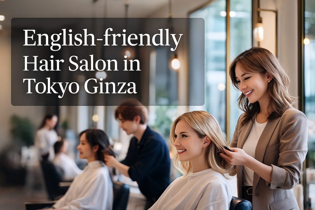 English-friendly hair salon in Tokyo Ginza – stylist providing haircut for foreign customer in a modern salon interior