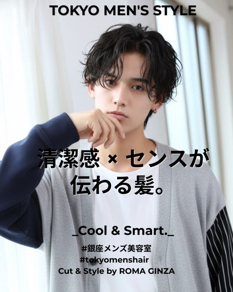 銀座のメンズパーマスタイル|清潔感のあるセンターパートの黒髪パーマ