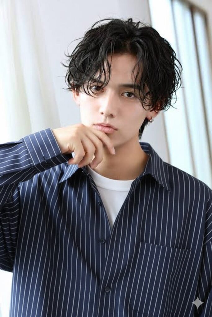 自由が丘のメンズパーマスタイル|清潔感のあるセンターパートの黒髪パーマ